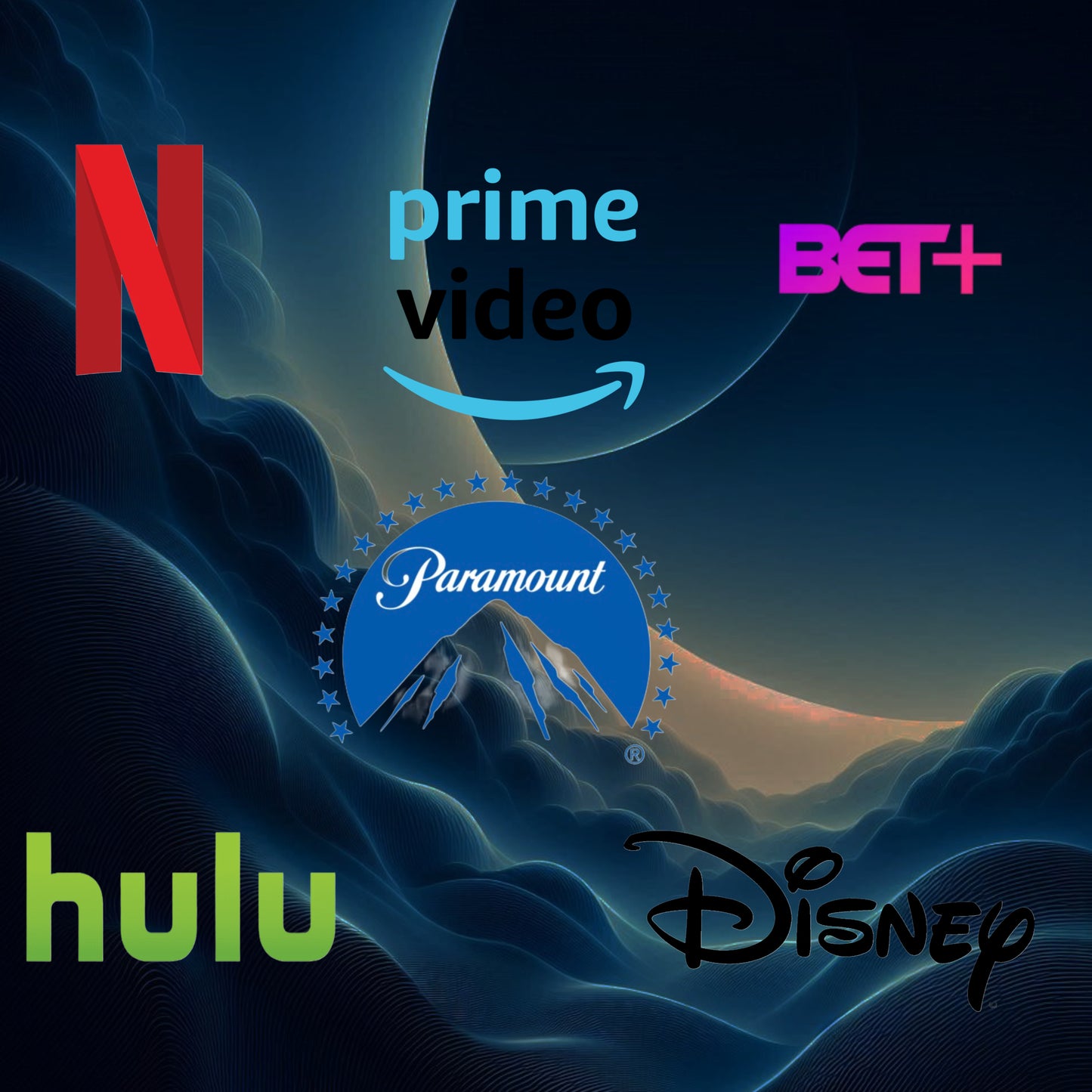 Netflix,Prime video,Bet+,Paramount,Hulu,Disney